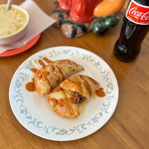Three crispy empanadas with sauce on a floral plate, with soup and a Coca-Cola bottle.